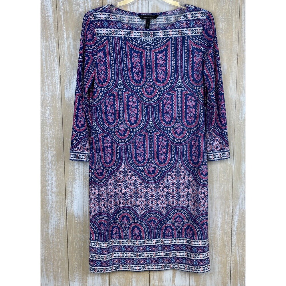 BCBGMAXAZRIA Women's Size S Boho Midi Dress Pink Blue Calico Paisley Floral
